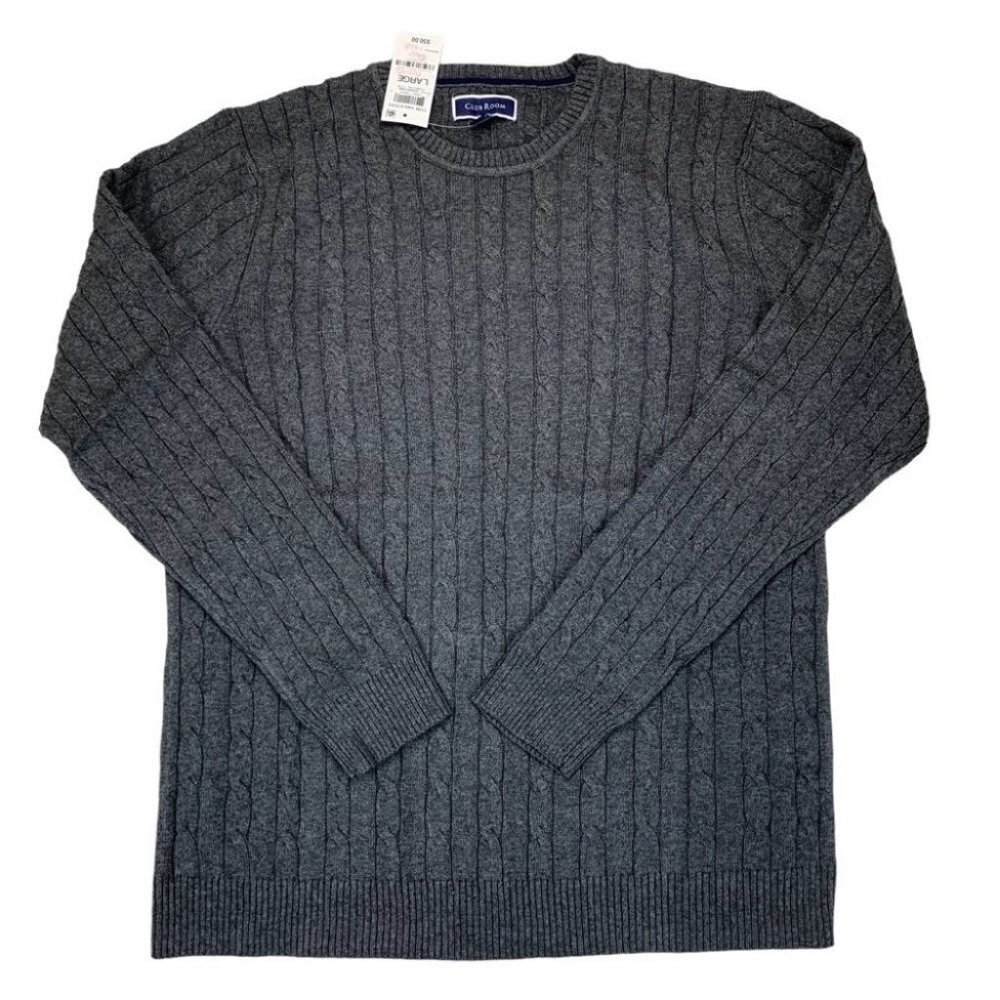 Club Room Mens Cable-Knit Cotton Sweater Charcoal Heather L